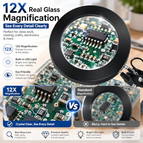 12X Magnifying Lamp with Light, 2-in-1 Clamp Desk LED Magnifier - size: 5 Inches - 12X