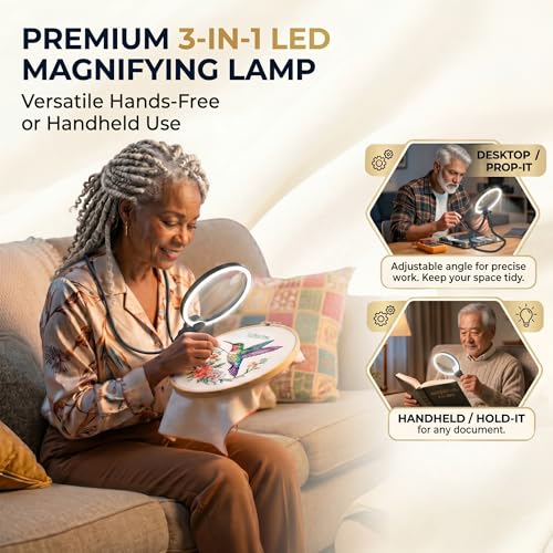 MAGNIPROS Hands-Free Magnifying Glass with Light for Seniors, 5X/10X Rechargeable GooseNeck Magnifier, 3 Color Light Modes, LCD Display, Reading, Sewing, Crafts