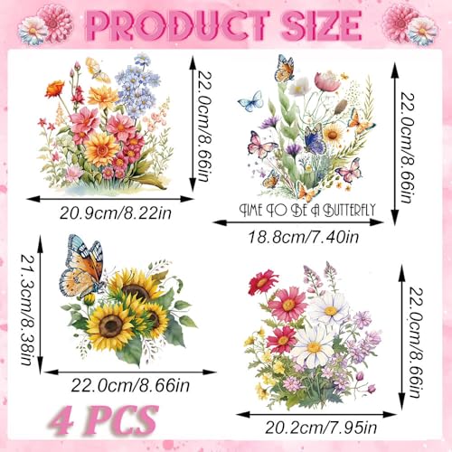 Spring Flower Butterfly Iron on Transfer for T-Shirt, Watercolor Various Floral Design DTF Ready to Press Heat Transfer Vinyl Decals Fresh Summer Iron on Patches Appliques for Girls Party DIY Decor - color: Watercolor Flower Butterfly B