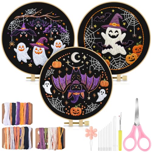 TINDTOP Halloween Embroidery Kit for Adult, 3 Pack Embroidery DIY Starter Kit, with Stamped Patterns, Hoop, Tools, Colorful Threads with Needles, Instructions - color: Halloween A