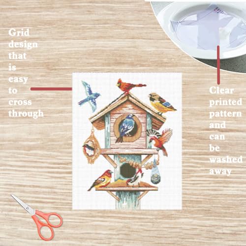 FREEBLOSS Flamingo Cross Stitch Kit Stamped Cross Stitch Wall Hanging Kit for Adults with Instructions Birdhouse and Birds Pure Cotton Cloth Embroidery Kits for Beginnrs No Frame 16 * 20"