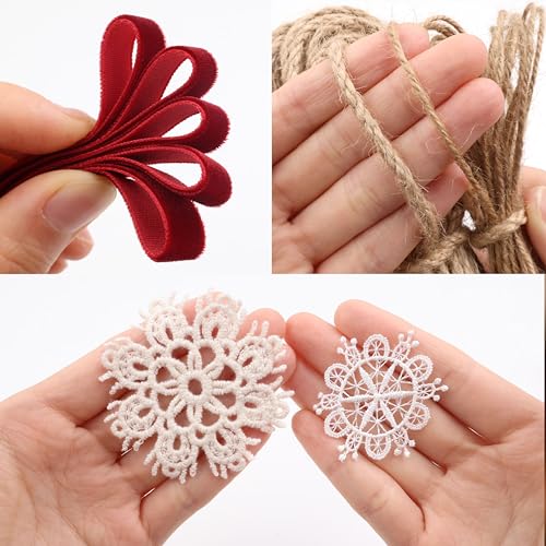 IDONGCAI Velvet Ribbon, Jute Twine & Lace Snowflake Craft Kit - color: Burgundy