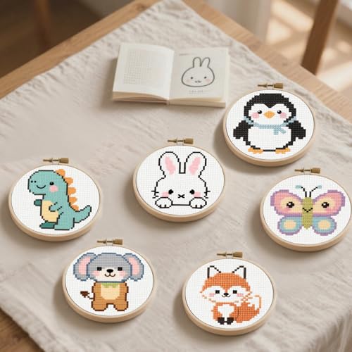 57lilina Cross Stitch Kits for Kids, 6 Set Easy Beginner Embroidery Pattern - color: Rabbit+ Penguin+ Dinosaur+ Butterfly+ Dog+ Fox