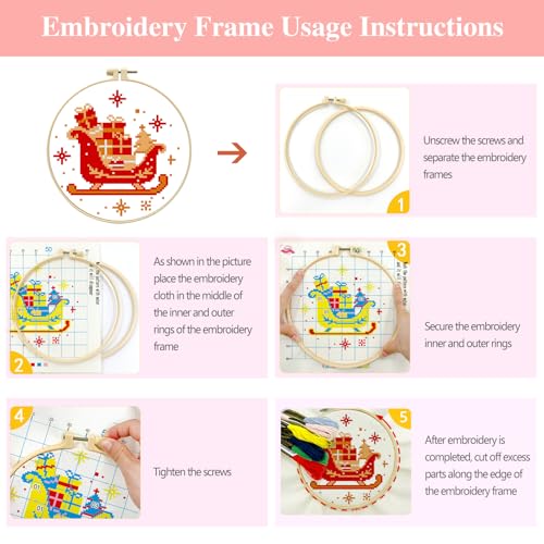 Zhenqing Christmas Sleigh Gift Cross Stitch Kit with Hoop - 11CT Pre-Printed 24x24cm Fabric & Complete Tools for Beginners (68341) - style: Christmas Sleigh Gift