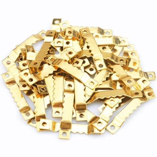 Sawtooth Picture Hangers,100 Pcs Black Steel Photo Frame Hanging Hangers 200 Screws for Wall Clock Paintings Wood Craft Decor Artwork Signs Posters Picture Frame Sketch Hanger,Cross-Stitch (Gold) - color: Gold