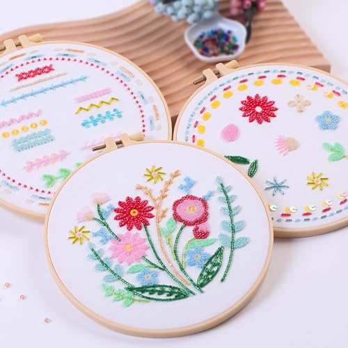 Harimau Bead Embroidery Starter Kit for Beginners (3 Sets) – Basic Flower Stitches, Includes Embroidery Hoop, Diagrams & Step-by-Step Video Tutorials – Gift for Craft Lovers - color: Red