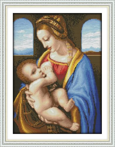IUHUI 14 Count Stamped Cross Stitch Kits for Beginners Adults, The Madonna Litta of Leonardo da Vinci Pre-Printed DIY 14ct Embroidery Sewing Starter Kit Needlework Easy Patterns Famous Paintings - color: The Madonna Litta