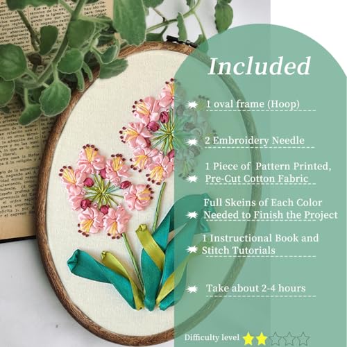 FONNUY Ribbon Embroidery 3D Flowers Pattern Design Kit Embroidery DIY Handwork Set Oval Home Decoration (Pink Crabapple) - style: Pink Crabapple
