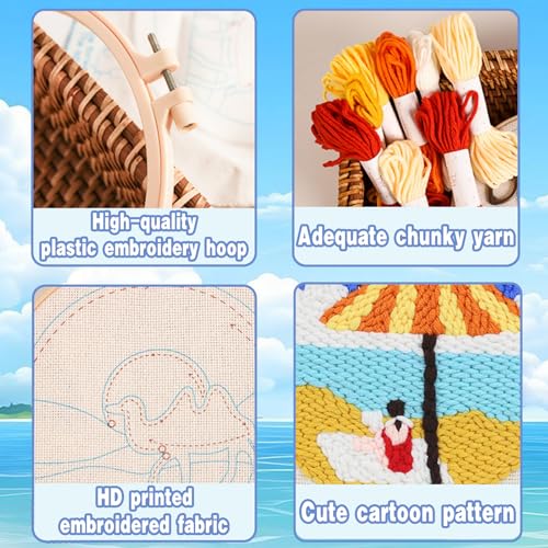 Beach Umbrella Punch Needle Kit for Beginners, 8 Inch Summer Vacation DIY Embroidery Starter Set with Pre-Printed Fabric, Wooden Hoop, Yarn & Tools, Coastal Wall Art Craft Gift for Adults - color: BLUE-GIRL