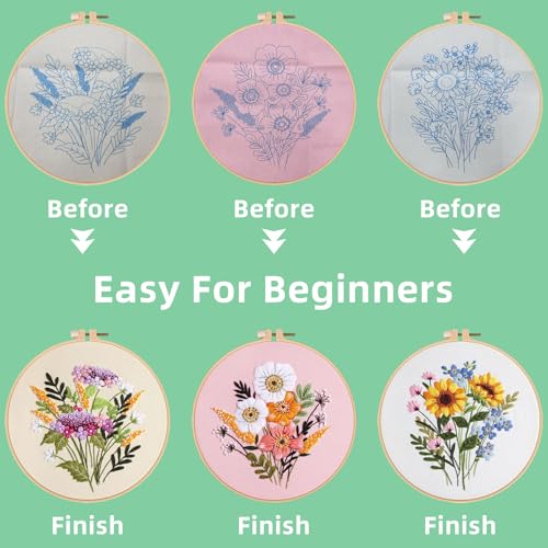 Herdiese Embroidery Kit for Beginners & Adults, 3PCS Floral Patterns. - color: Flower-A (3 Pack)