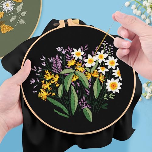 ERKOON 3 Sets Embroidery Kit, Floral Cross Stitch Set for Include Embroidery Cloth Hoops Threads for Craft Lover Hand Stitch (Plants & Flowers) - color: Plants & Flowers