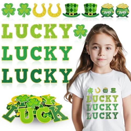 Cinrobiye 39 Pcs St Patrick’s Day Chenille Letter Patches Self Adhesive Iron On Shamrock Applique for DIY Clothing Hats Bags Holiday Craft Decorations - style: St. Patrick's