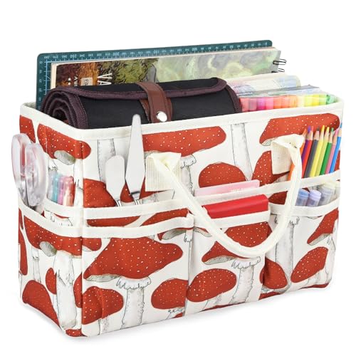 Craft Organizer Tote Bag with Multiple Pockets,Scrapbooking Art Storage - color: red mushroom