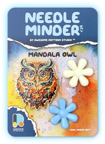 Awesome Pattern Studio Needle Minder Set - Mandala Owl Magnetic Needle Minder + 2 Needle Threaders. Enamel Pin for Cross Stitch, Embroidery and Craft