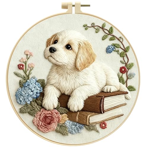 Qvthpv Embroidery Kit for Beginners, Stamped Puppy and Books Pattern - color: The puppy and the books