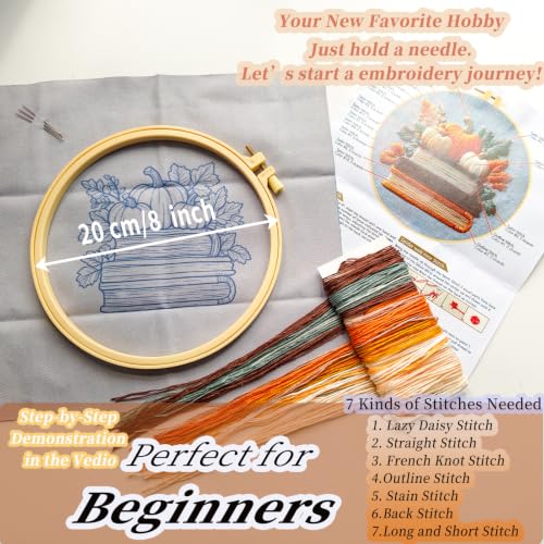 FONNUY Fall Embroidery Kit, Handmade Autumn Wreath Pre-Stamped Pattern for Beginners, Thanksgiving Harvest Home Decor, 8'' Hoop (Pumpkin Book) - color: Pumpkin Book