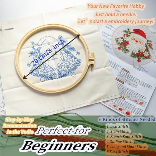 FONNUY Cute Christmas Embroidery Kit for Beginners, Festive Winter Pre-Printed Pattern & Supplies Set for Adults, DIY Handmade Needlepoint Kits Wall Art, 8'' Hoop (Santa Claus) - color: Santa Claus