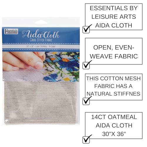 Essentials By Leisure Arts Aida Cloth, 14 Count, Lt Oatmeal Cross Stitch Fabric, Embroidery Fabric, Cross Stitch Supplies for Crafting, Stitching, and Sewing Projects 30X36