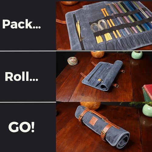 Earth & Fiber Co. Waxed canvas knitting needle case (up to 16 inches) - knitting bag - knitting needle organizer- knitting needle storage - circular knitting needle case (blue)