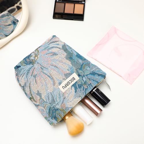 2 Pcs Aesthetic Oil Painting Blue Floral Cosmetic Bag Travel Makeup Pouch - color: Flower Blue