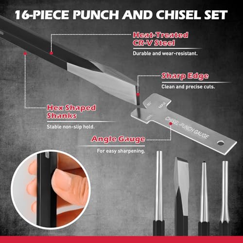 25-Piece Punch and Chisel Set with Roll Pin Punches, Includes Taper, Pin, Center Punches & Cold Chisels for Metalworking, Automotive, and Craft Use - color: 25-piece Set With Roll Pin Punches