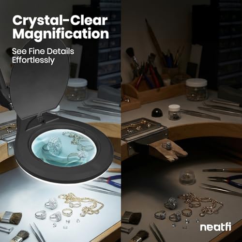 Neatfi Elite Super LED Magnifying Lamp with Clamp – 6” Glass Lens, 5D/12D Bifocal, 6500K Daylight | Glare-Free, Nonpolar Dimming | Reading, Crafting & Precision Work (6 Inch Lens, Black) - color: Black, size: 6 Inch Lens