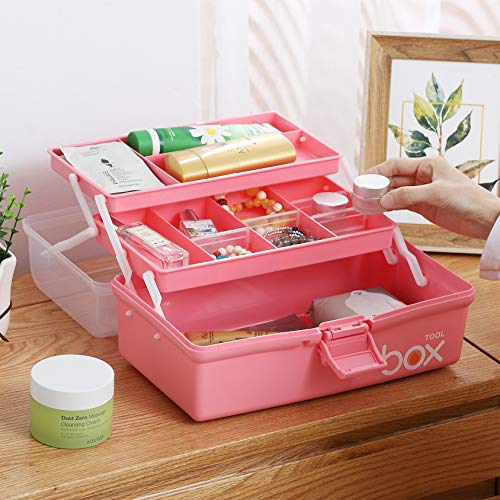 Kinsorcai 12'' Three-Layer Clear Plastic Storage Box with Handle, Craft Tool Box, 3 Layer Pink Tackle Box for Women, Organizer Box for Sewing Art and Cosmetic (Pink) - color: pink, size: 1PCS