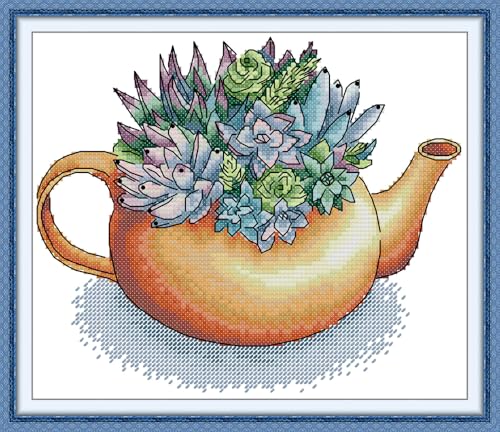 CaptainCrafts Cross Stitch Kits, Stamped Fabric Cross Stitching DIY Art DMC Needlecrafts Embroidery Kit for Adults Beginner (Teapot Succulent, Stamped) - color: Teapot Succulent, size: Stamped