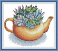 CaptainCrafts Cross Stitch Kits, Stamped Fabric Cross Stitching DIY Art DMC Needlecrafts Embroidery Kit for Adults Beginner (Teapot Succulent, Stamped) - color: Teapot Succulent, size: Stamped
