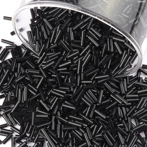 4000 Pcs Black Glass Bugle Beads, 2 x 7 mm Embroidery Beads, Small Long Tube Seed Beads for Embroidery Craft Jewelry Making - color: Black