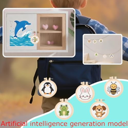 57lilina Cross Stitch Kits for Kids, 6 Set Easy Beginner Embroidery Pattern - color: Dog+Fish+Bee+Frog+Rabbit+Penguin