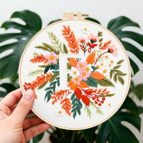 Zerzsy 7.87 '' Embroidery Kits Plant Flower Leaf English Letter Patterns for Beginners Adults, Easy to Learn Cross Stitch Kit for Home Office Decor - color: Letter F