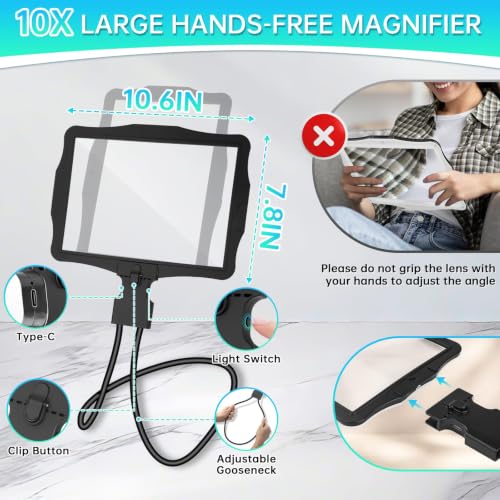Large 10X Magnifying Glass with Light, Hands Free Magnifying Glass for Reading, Full Book Page Magnifier with 50 LED Lights, Flexible Gooseneck Magnifiers for Seniors Low Vision, Black 10.6 x 7.8in