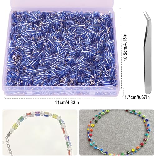 4000pcs Blue Bugle Beads Bulk -Embroidery Beads,Long Tube bead for Jewelry Making, Bracelet Necklaces Supplies,Craft DIY(7x2mm) - color: Blue