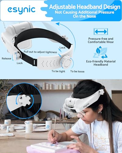 eSynic Type-C Rechargeable Magnifying Glasses Headset-Up to 14X Magnification with 5 Interchangeable Lense-3 LED Lights with 2 Adjustable Brightness Levels-Comfort & Fit Headband for Crafts/Reading