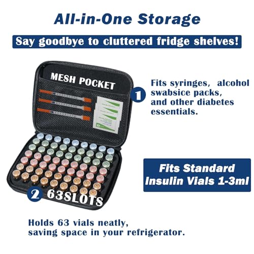 Peptide Vial Case for Fridge Storage - 63 Slots Organizer Holds 1-3ml Vials for Insulin, GLP-1, Peptides,Hard Shell Travel Case with Hand Strap,Black (Black-63 Slots) - color: Black