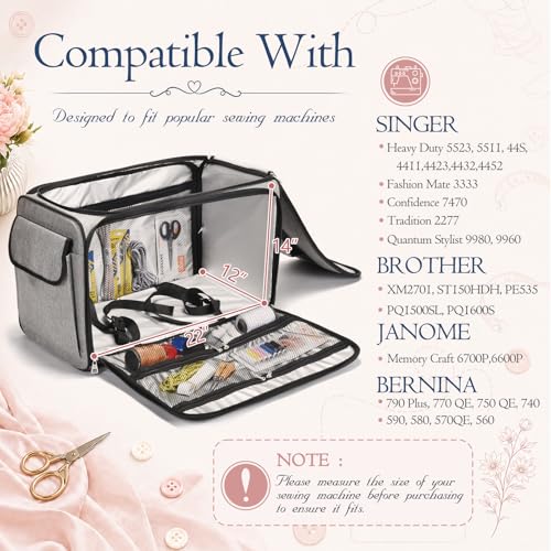 CAB55 XXL 23-Inch Rolling Sewing Machine Case with 4 Wheels, Extra Large Carrying Case for Professional Embroidery and Heavy Duty Sewing Machines with Bottom Support Board (Gray) - color: Gray