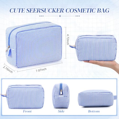 Sanwuta 10 Pcs Seersucker Cosmetic Bag Seersucker Makeup Bag Women Stripe Large Travel Toiletry Organizer Preppy Storage Pouch for Embroidery Wedding Bridesmaid Bride Mom (Navy Blue) - color: Navy Blue