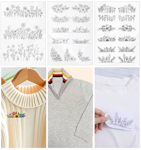 3 Sheets Water Soluble Embroidery Patterns, Stick on Embroidery Patterns with Pre-Printed Flower Leaf Designs, Embroidery Transfer Paper for Hand Sewing