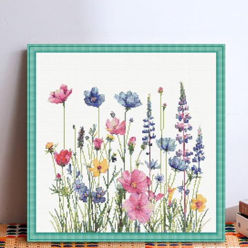 KYOQFVN Flower Stamped Cross Stitch Kits for Adults，11CT Needlepoint Counted Cross Stitch Kits for Beginner，Printed Dimensions - Embroidery Kit Arts and Crafts 14×14 Inch - color: SZXHUA-US