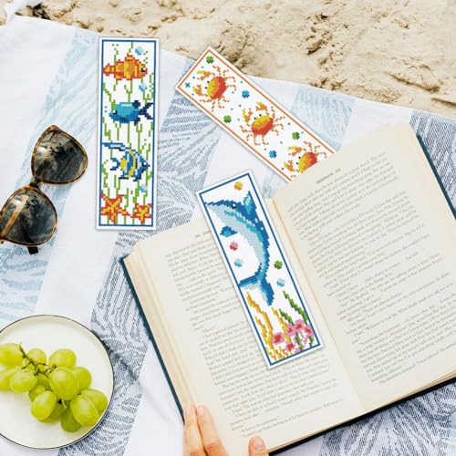 ORIGACH 6 Set Marine Animals Cross Stitch Bookmark Kit for Beginner with Backing Felt Floss Instructions DIY Stamped Embroidery Bookmark Kit for Adults, Book Lovers - style: Marine Animals