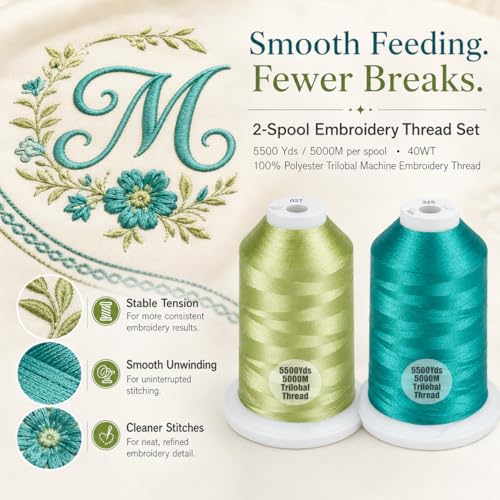 Simthread 2Pk 5500Y/5000M 40WT Polyester Embroidery Thread Fresh027 Teal534 - color: Spring Duo(FreshGreen+Teal Green)
