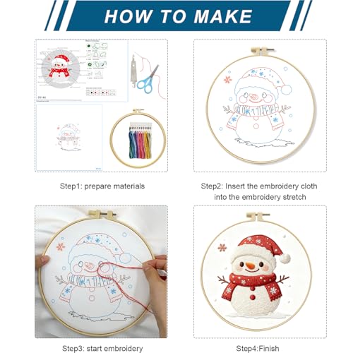 Zhenqing Snowman Embroidery Kit for Beginners, Christmas Winter Needlework Kit with Pre-Printed Cotton Fabric, 20cm Hoop, Threads & Tools (C0146) - style: Christmas Snowman
