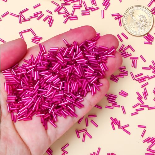 2000pcs Glass Bugle Beads, Tube Beads Bulk, Mini Long Tiny Small Waist Loose Spacer Embroidery Beaded for Bracelets Jewelry Making Sewing, Crafts, 2×6mm, Rose Pink - color: Rose Pink
