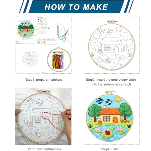 Zhenqing Summer Lotus Embroidery Kit for Beginners, Bunny with Carrot Craft Set with 20cm Hoop, Printed Design on 29x29cm Cotton Fabric, DIY Bright Wall Art (C0161) - color: Summer Pond