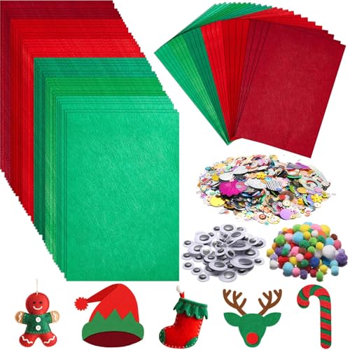 gisgfim 42Pcs Red and Green Gradient Felt Fabric Sheets 8 x 12 Inch Soft Thick Christmas Xmas Felt Pack with Wiggle Google Eye Pom Pom Glitter Patchwork Craft for DIY Sewing Creative Art Project Decor - style: Red Green Series