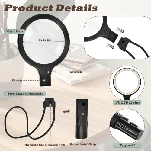 Hands Free Neck Wear Magnifying Glass with 30 LED Lights, Full Book Page 5X/10X Rechargeable Reading Magnifier Flexible Gooseneck Magnifiers for Seniors, Low Vision, Sewing, Crafts & Close Work
