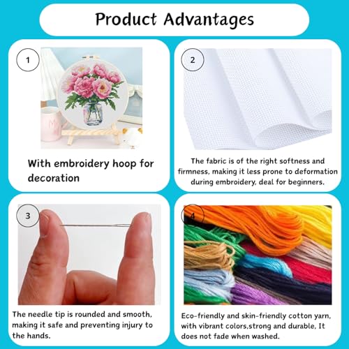 TCDZMYGS 3 Pack Stamped Cross Stitch Kits for Beginners-Flower,with Hoop - color: Flower-1