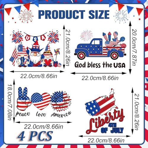 4Pcs 4th of July Iron on Transfers Patches Red Blue White Heat Transfers Vinyl Independence Day Ready to Press Appliques Liberty 4th of July USA Flag Dwarf Iron on Decals for T Shirt Clothes DIY Decor - color: July of 4th B