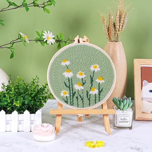 KESTAR Punch Needle Embroidery Starter Kits, Daisy Flower Punch Needle Kits for Adults Beginner, Needle Punch Kit Tool with Instruction Threader Fabric Yarns and Hoop - color: Green Daisy
